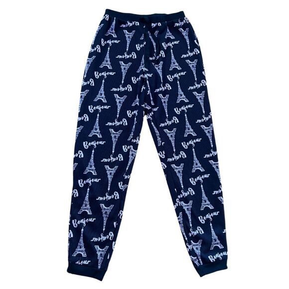 Bonjour Eiffel Tower Women's Size Small France Graphic Jogger Lounge Pants Black - Picture 2 of 4